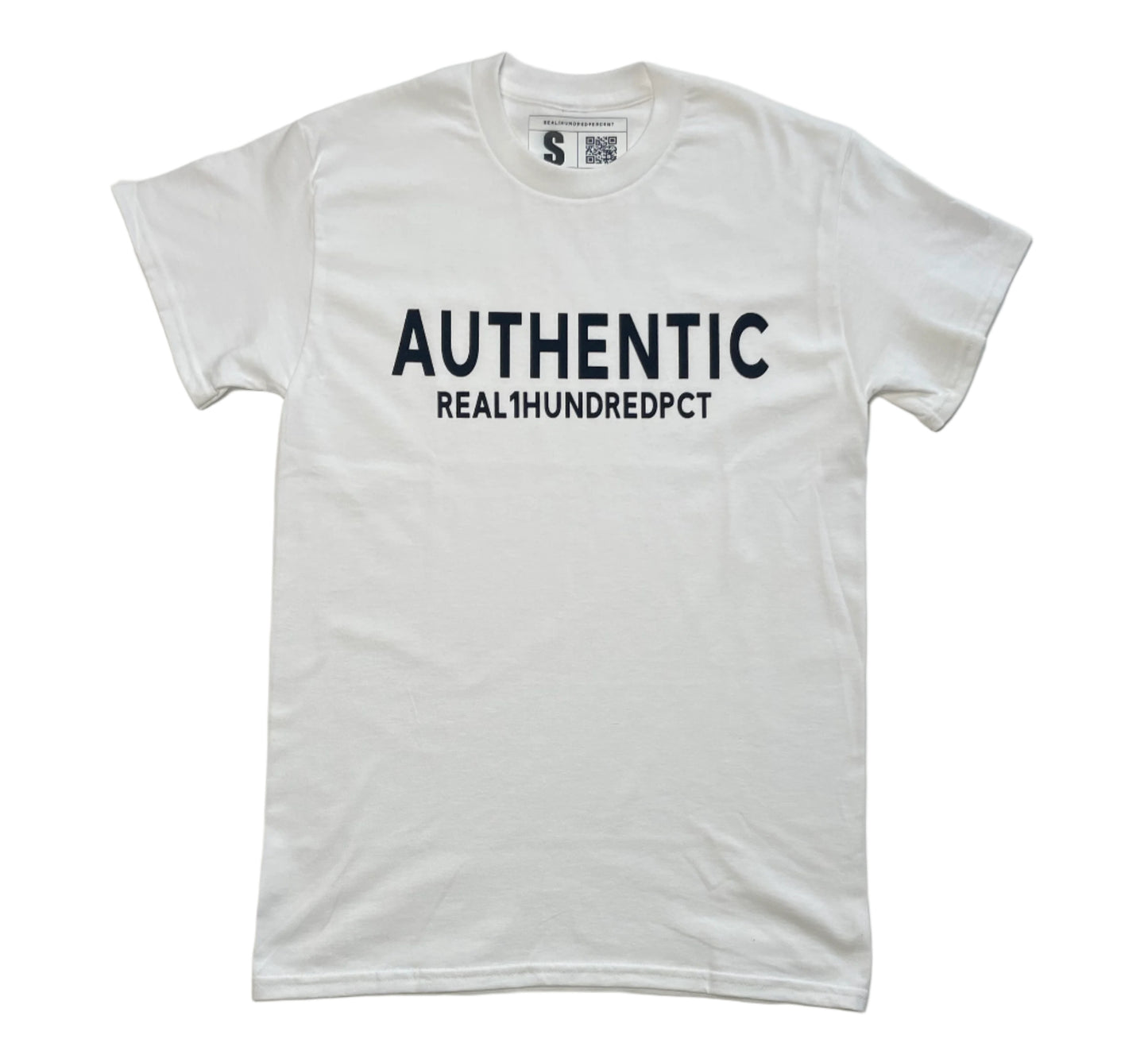 White t-shirt with black text on a light gray background