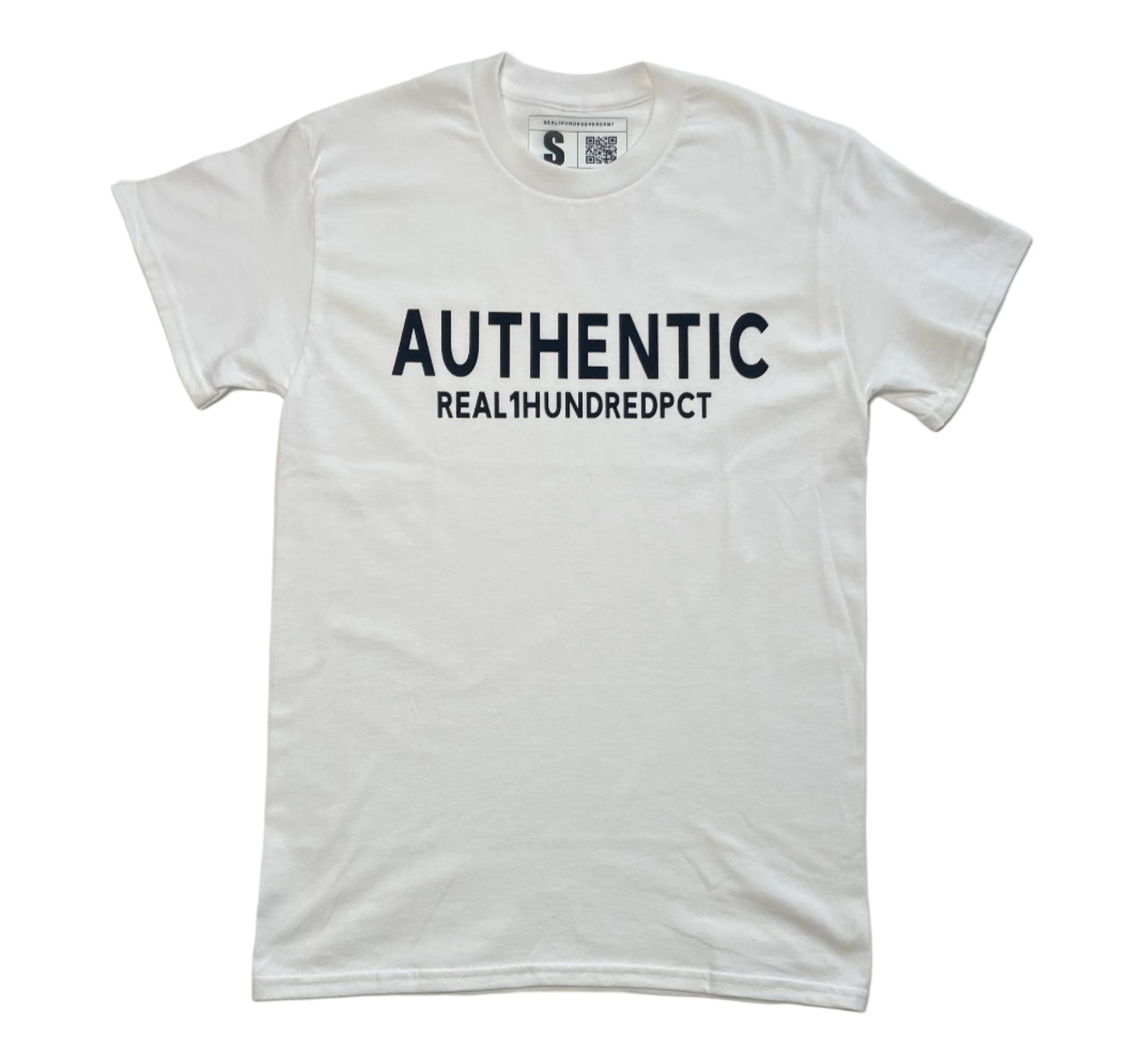 White t-shirt with black text on a light gray background