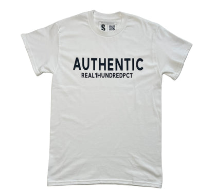 White t-shirt with black text on a light gray background
